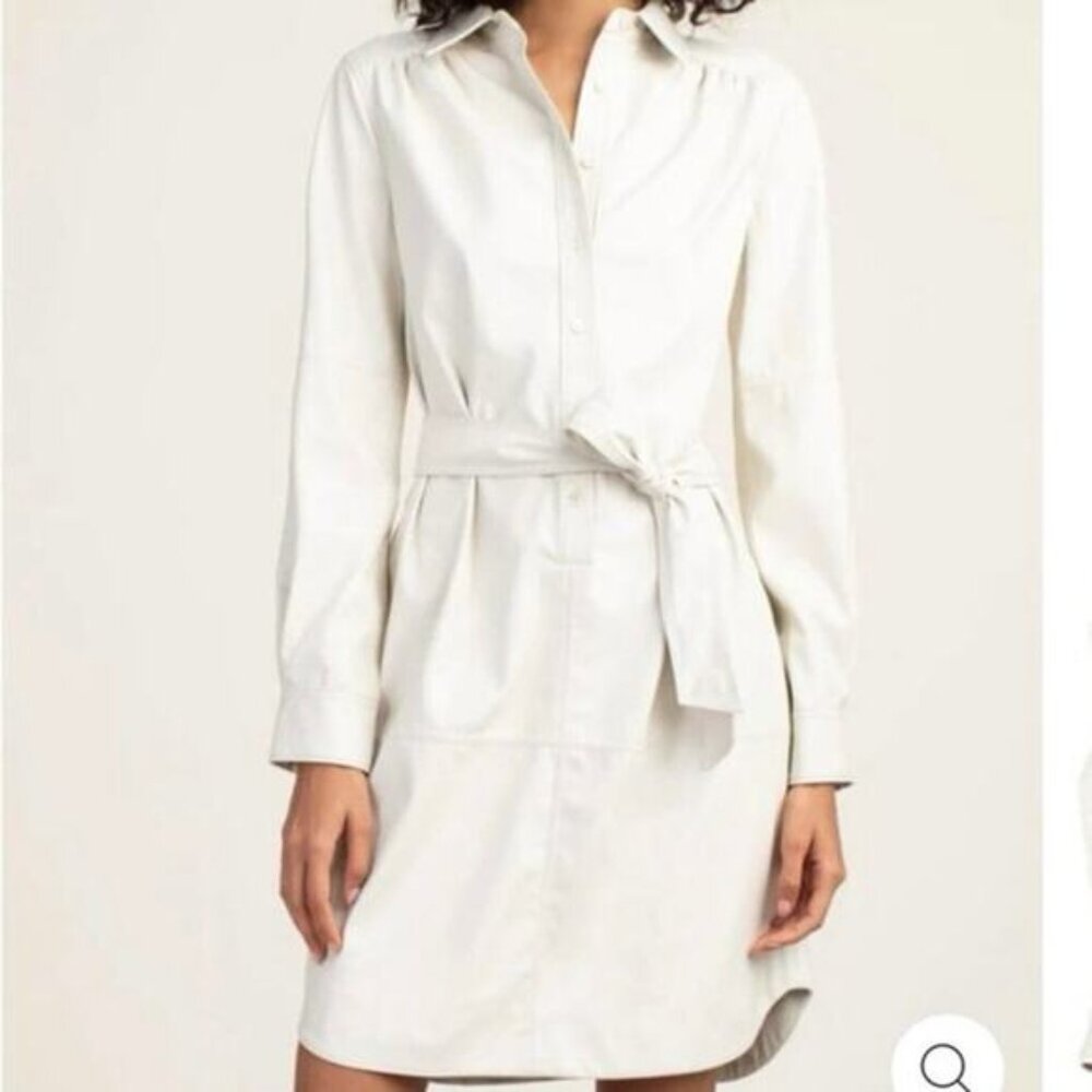 Trina Turk Boscage Faux Leather Belted Shirt Dress NWOT Bone Neutral Cream Sz M